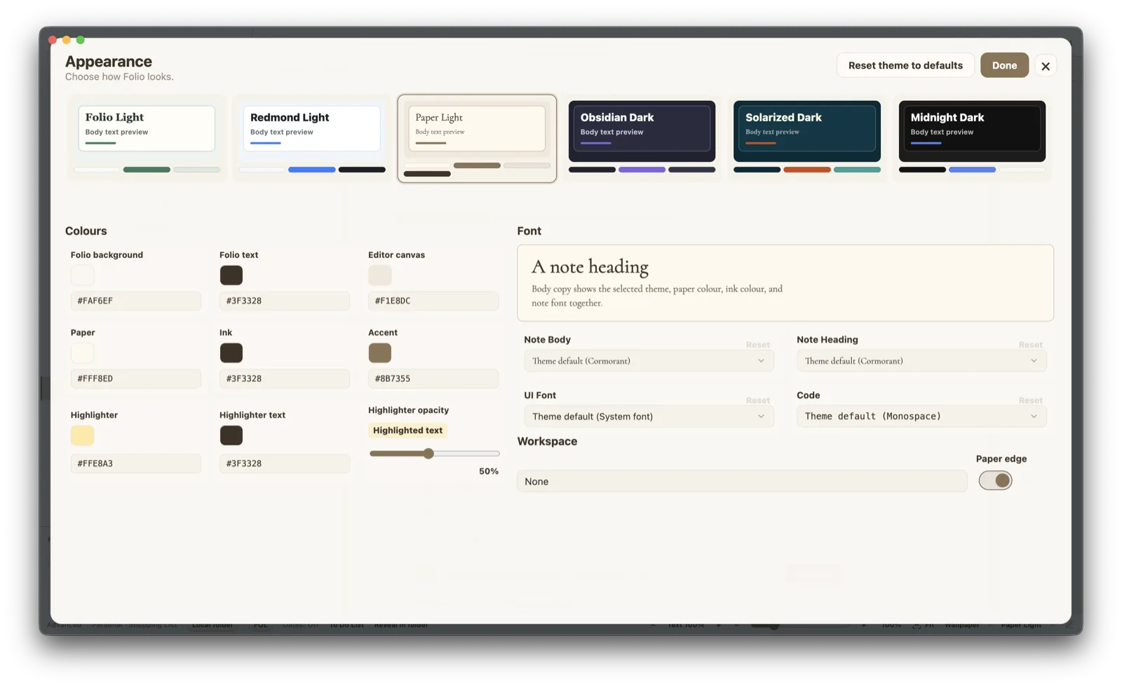 Folio appearance panel showing light and dark themes, colour controls, font choices and paper settings.