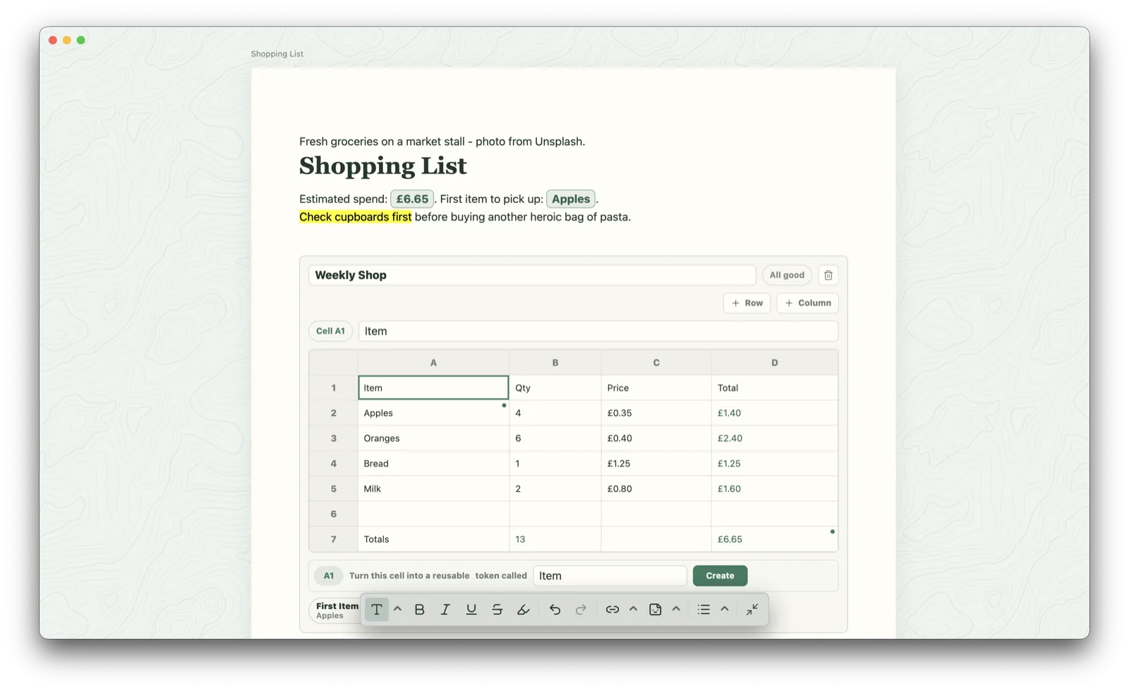 Folio focus mode showing a shopping list note centered on a quiet background with minimal controls.
