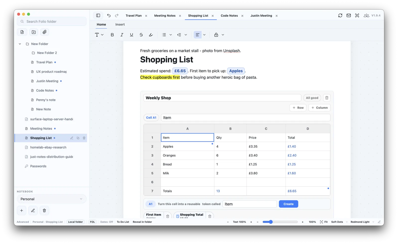 Folio shopping list note with a MiniSheet, reusable tokens, highlight text and the notebook tree.