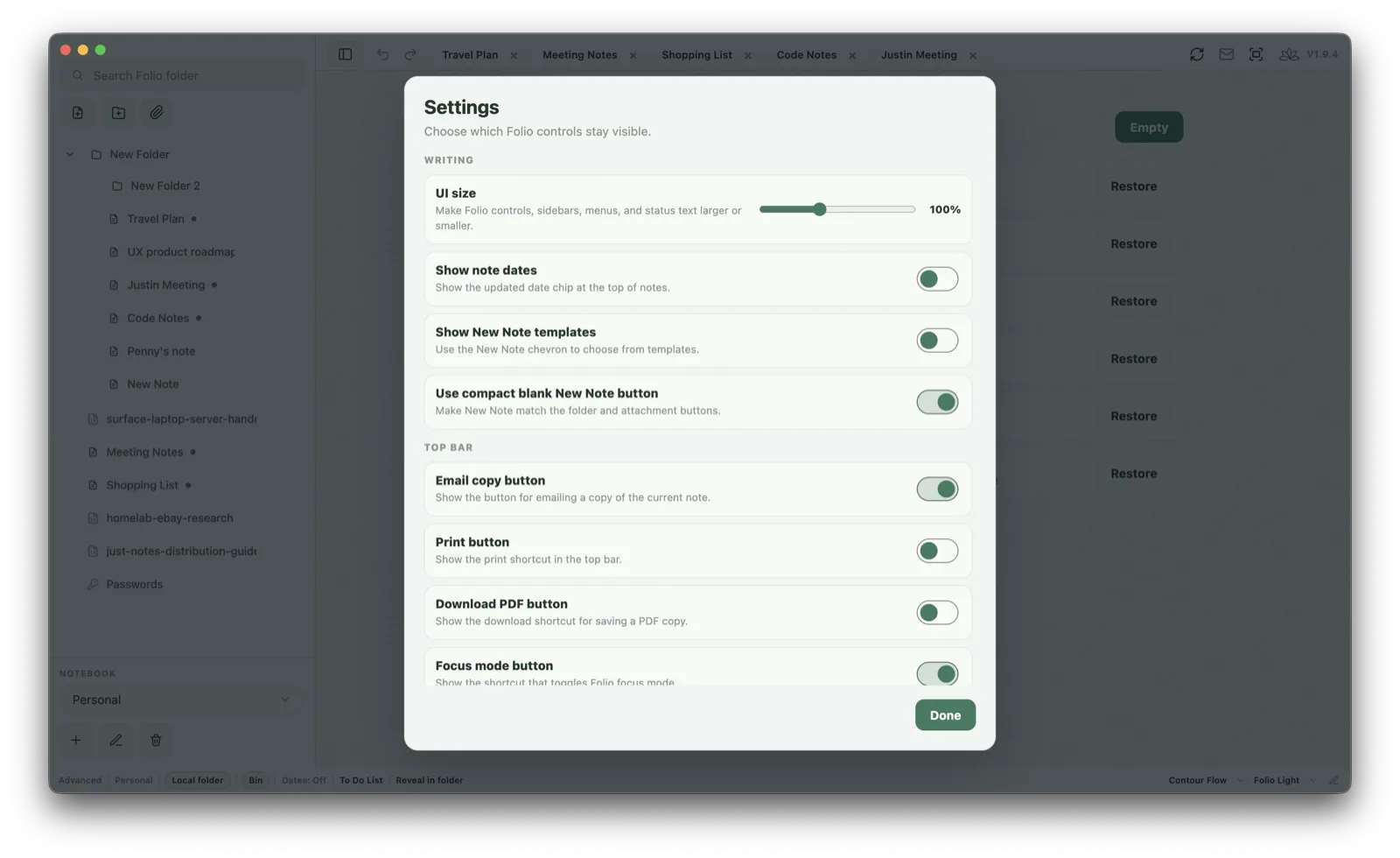 Folio settings panel with UI size, note date, templates and toolbar visibility controls.