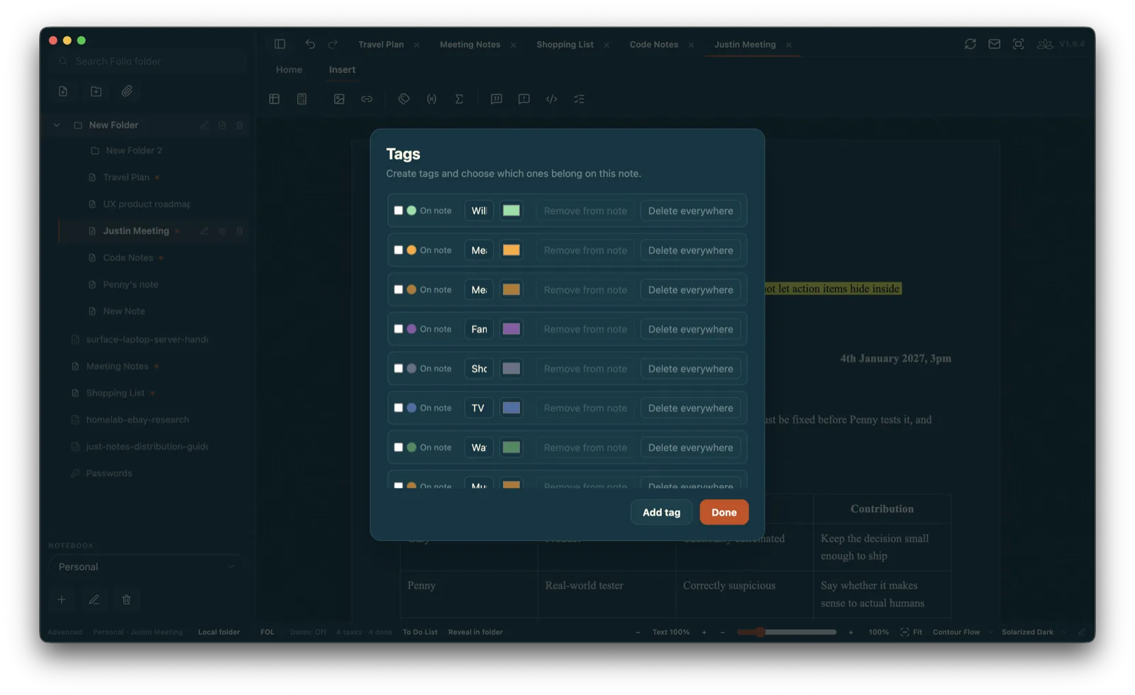 Folio tag manager open over a dark themed note, showing tag colours and controls.